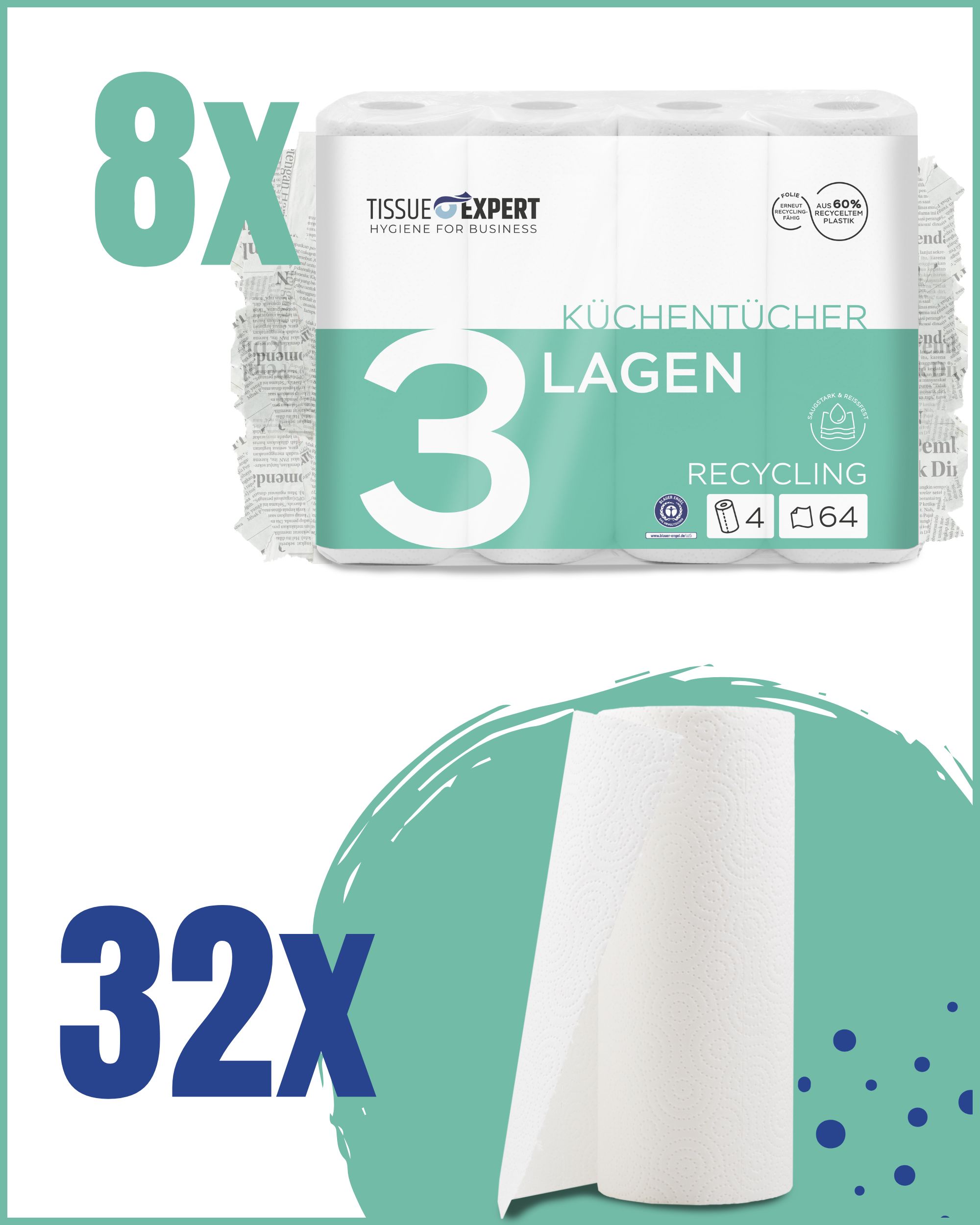 Big Pack mit 32 Rollen Küchenpapier, 3 Lagen, Recycling, 64 Blatt pro Rolle.