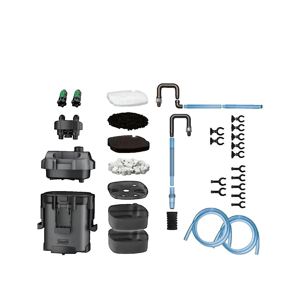 Aquariumfilter-Komponenten: Filtergehäuse, Filtermedien, Schläuche, Anschlüsse, Halterungen. Einzelteile auf weißem Hintergrund.
