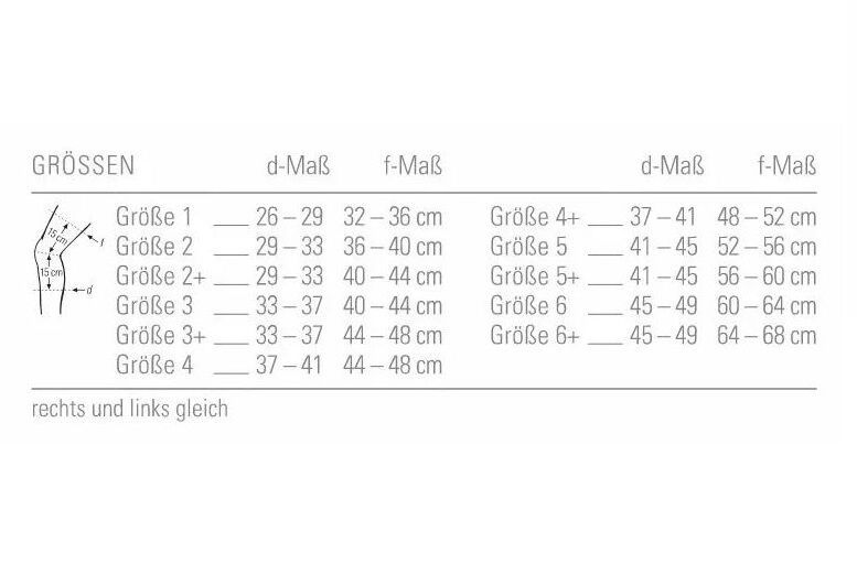 Größentabelle für die Kniebandage Select StabiloGen. Maße in cm, Größen 1 bis 6+.