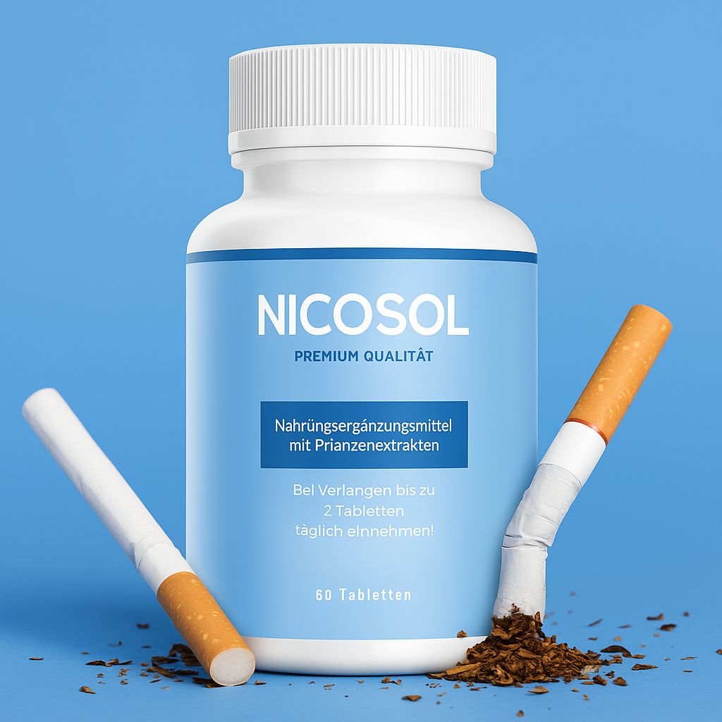 Weiße Flasche mit blauem Etikett. NICOSOL, Premium Qualität. 60 Tabletten. Zwei Zigaretten, eine zerbrochen, liegen neben der Flasche.