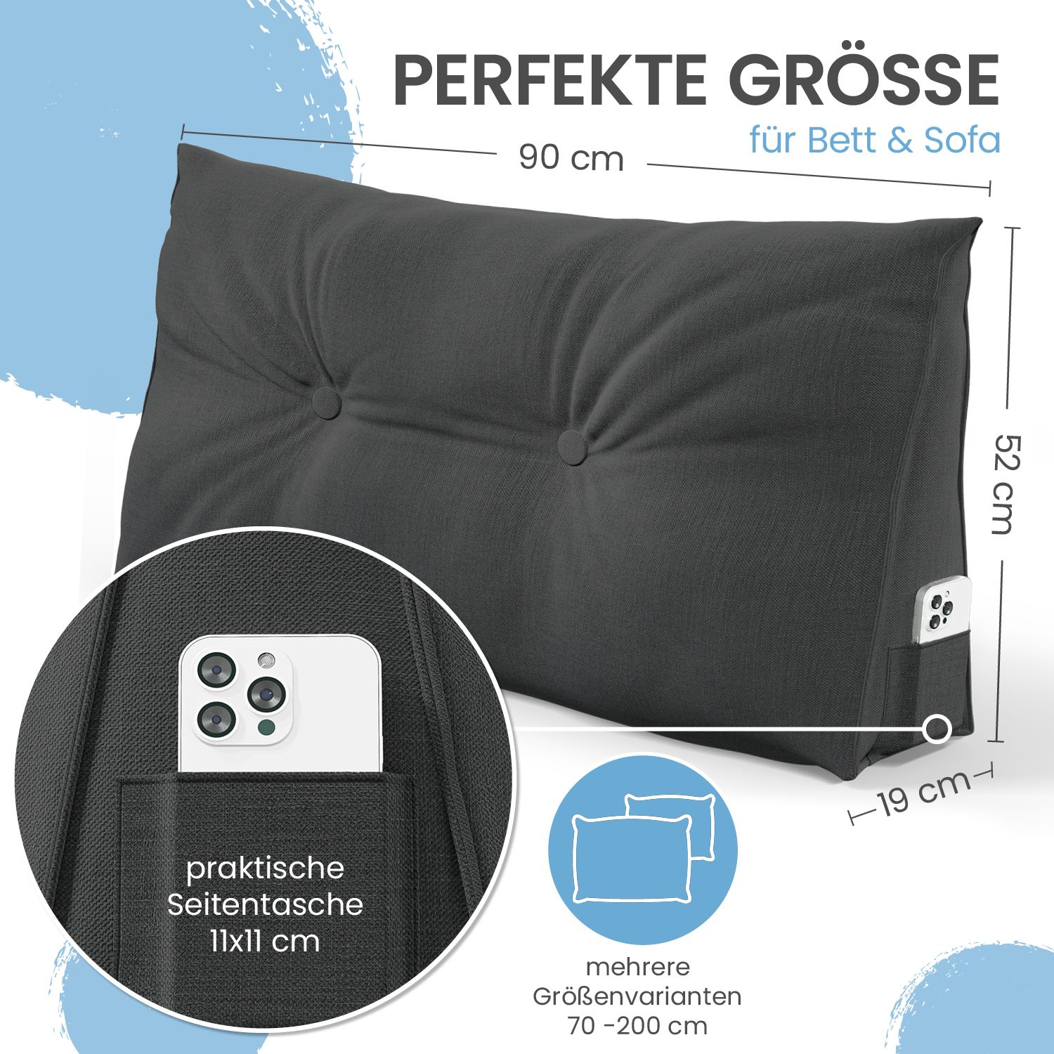Graues Stützkissen mit Maßen: 90x52x19 cm. Smartphone-Tasche. Text: "PERFEKTE GRÖSSE".