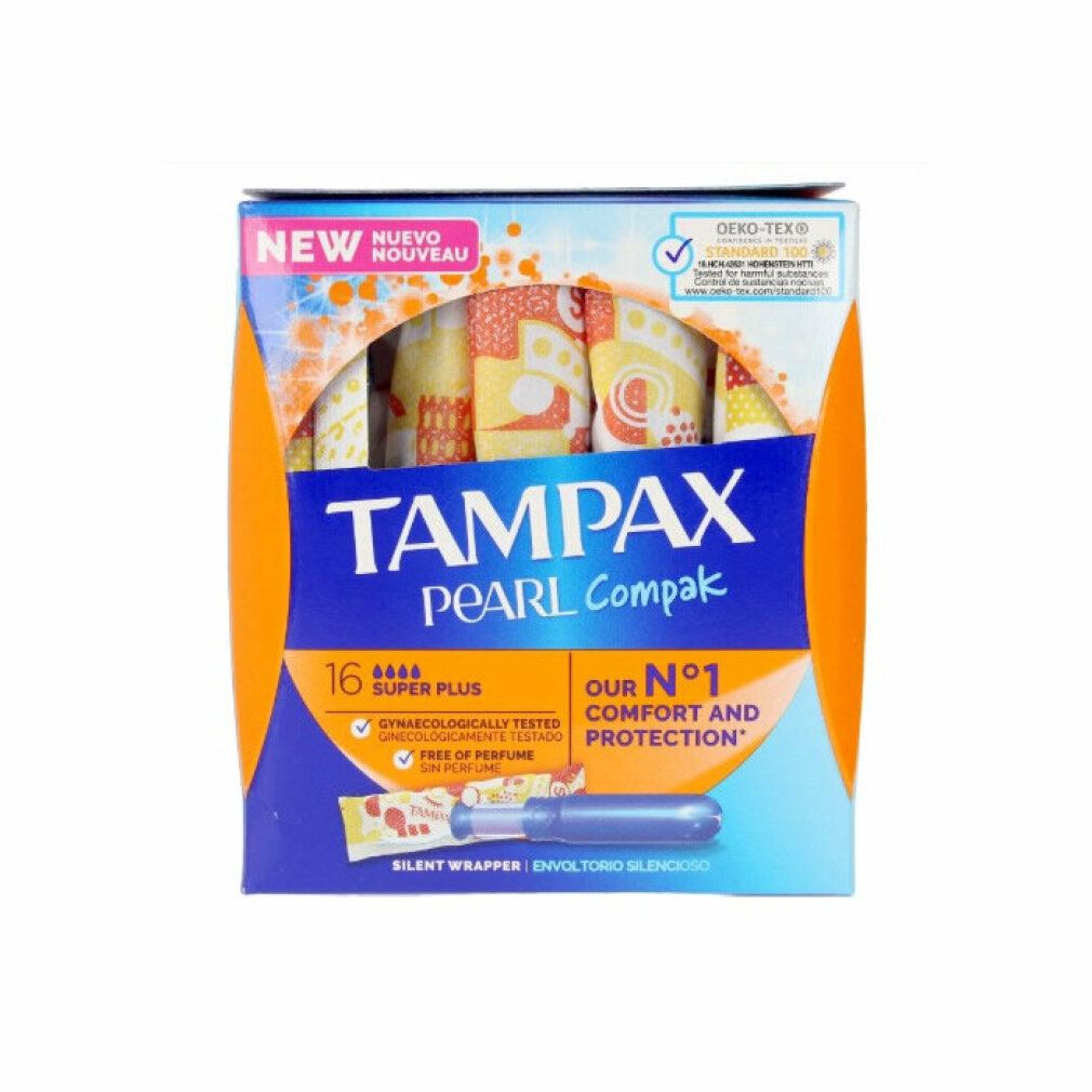 Verpackung mit Tampons. Marke: Tampax Pearl Compak. 16 Super Plus. Mit Zertifizierung. Enthält Tampons und Applikator.