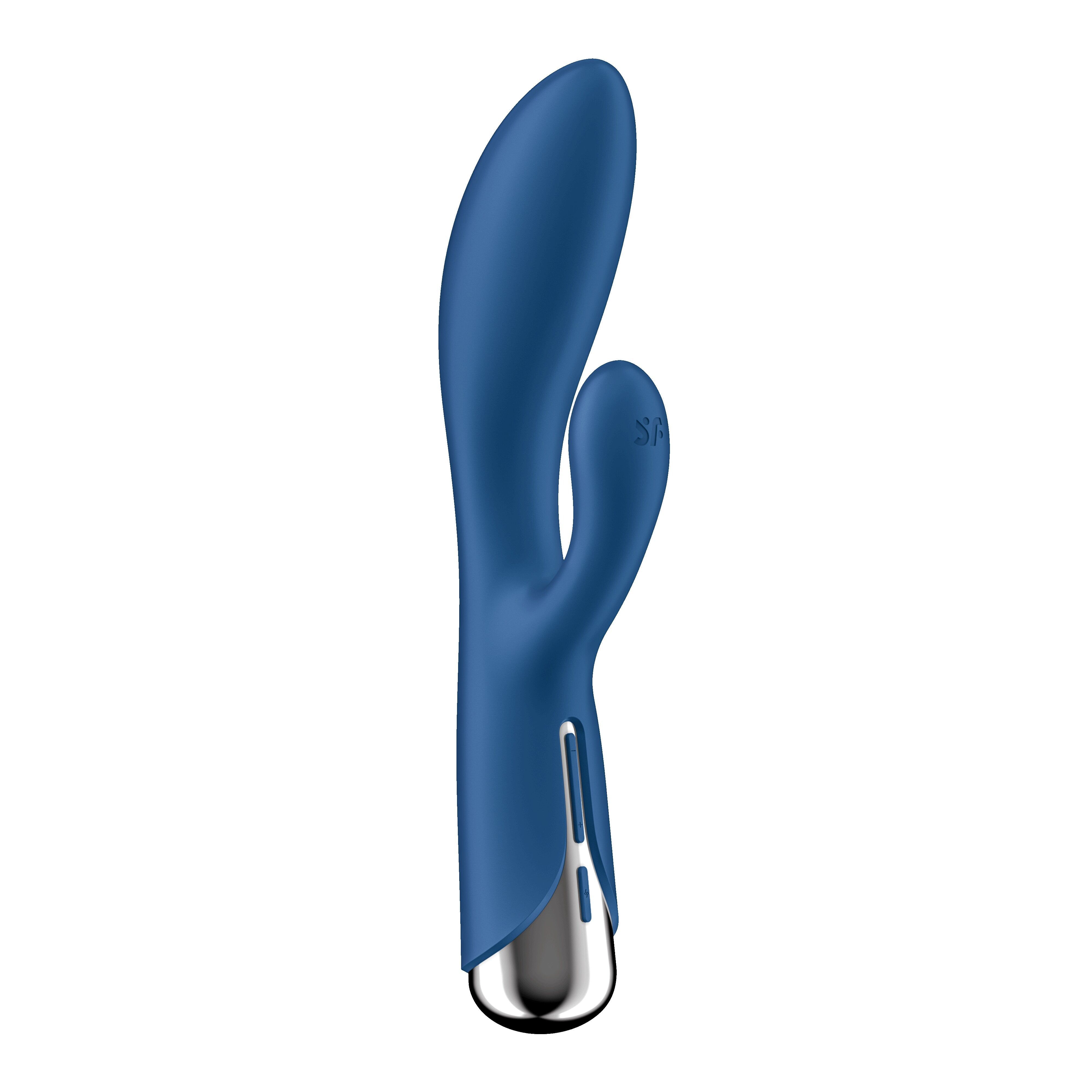Blauer Vibrator. Silberfarbener Sockel. Form mit gebogenem Element.