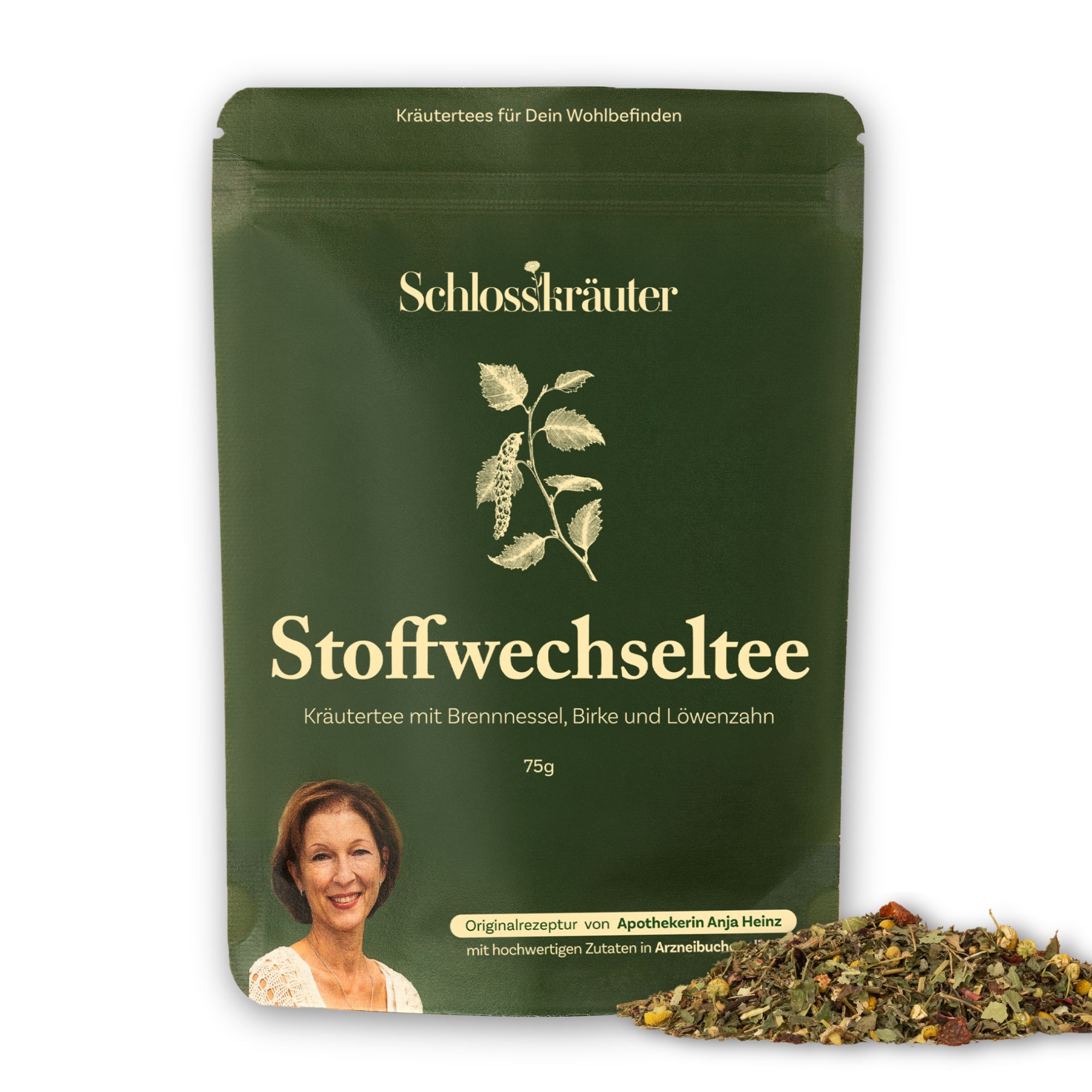 Grüner Beutel mit Aufschrift 'Schlosskräuter Stoffwechseltee'. Kräutermischung daneben. Frau im Bild.