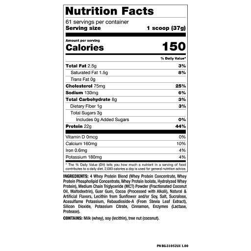 Nährwertangaben für Whey-Protein. 61 Portionen pro Behälter. 150 Kalorien pro Portion. Enthält 22g Protein. Zutatenliste und Nährwerttabelle.