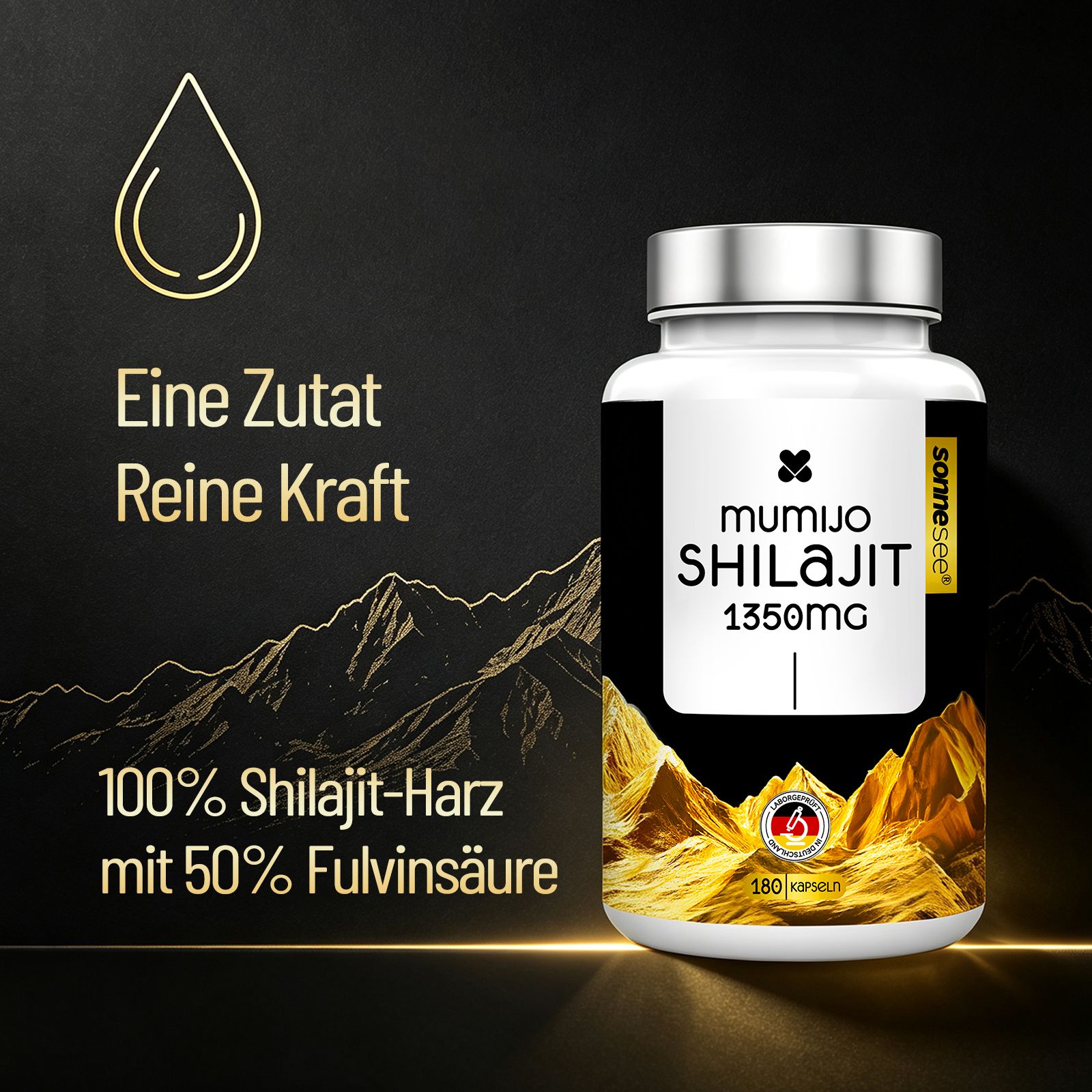 Eine Flasche Mumijo Shilajit 1350mg mit 180 Kapseln. Enthält 100% Shilajit-Harz mit 50% Fulvinsäure.