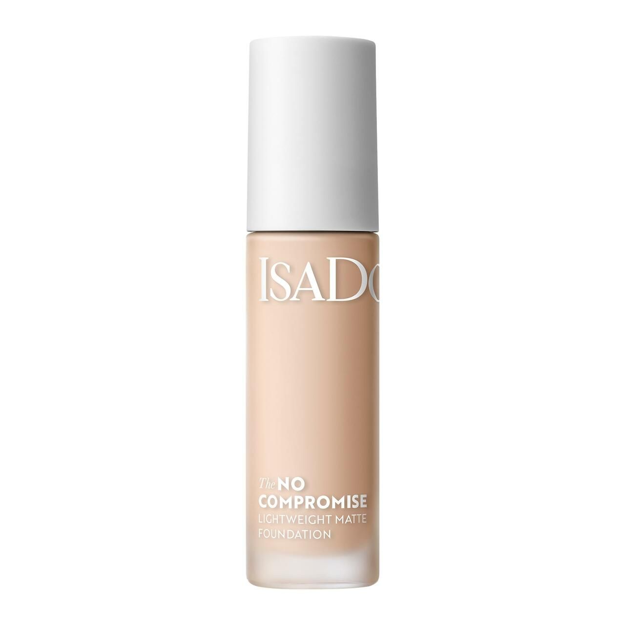 Flakon IsaDora No Compromise Matte Foundation. Weißer Deckel, transparente Flasche mit beiger Foundation. Schriftzug IsaDora.