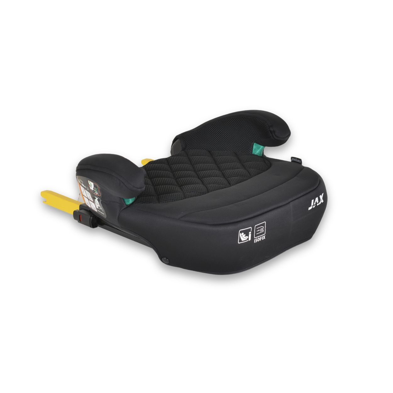 Schwarzer Kindersitz-Booster mit Kopfstützen und Isofix-Befestigung. Gepolsterte Sitzfläche und Armlehnen.