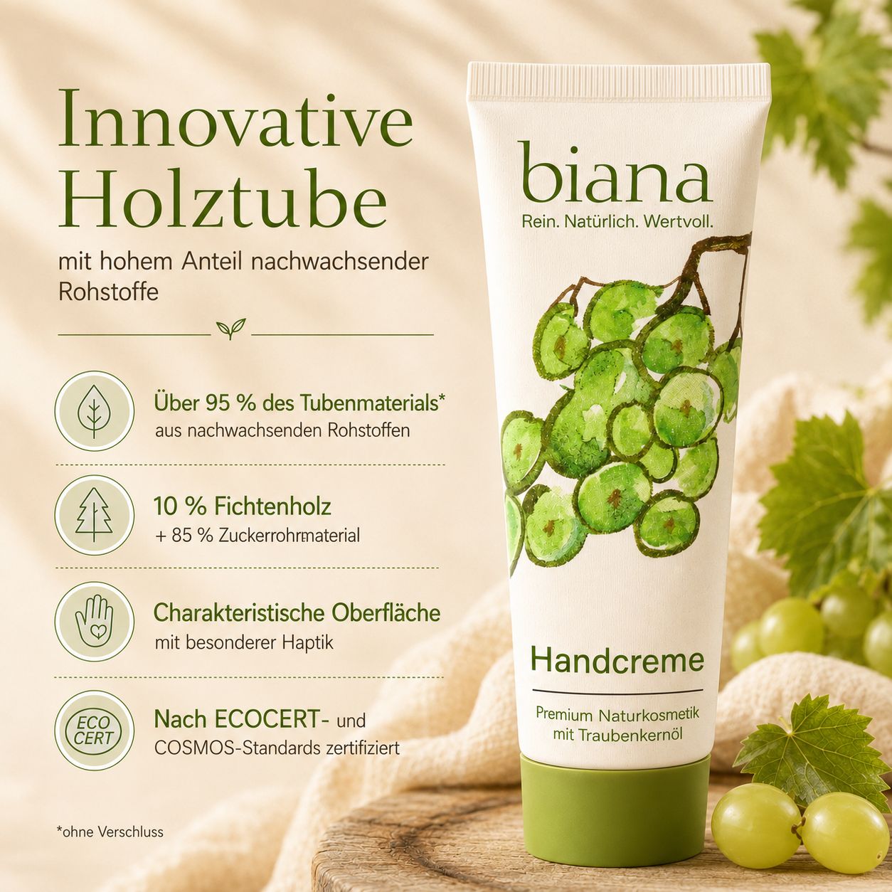 Weiße Tube Handcreme mit Traubenmotiv, Marke 'biana'. Über 95% aus nachwachsenden Rohstoffen, ECO-CERT zertifiziert.