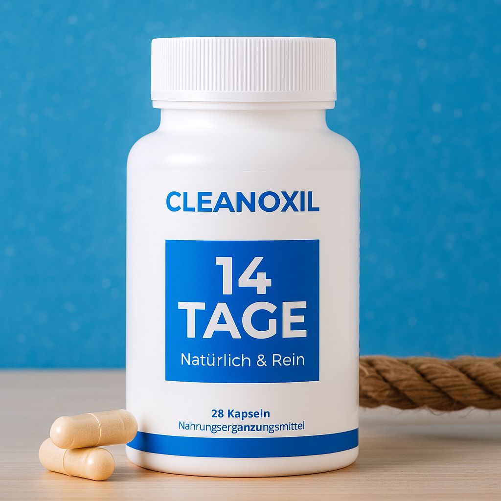 Weiße Kapsel-Dose mit blauem Etikett. CLEANOXIL, 14 TAGE, Natürlich & Rein. 28 Kapseln. Daneben liegen 2 Kapseln.