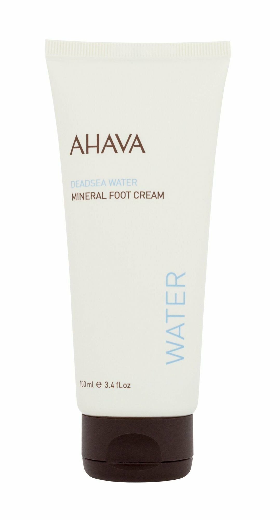 AHAVA Deadsea Water Mineral Foot Cream Tube. Weiß, brauner Deckel, Schriftzug.