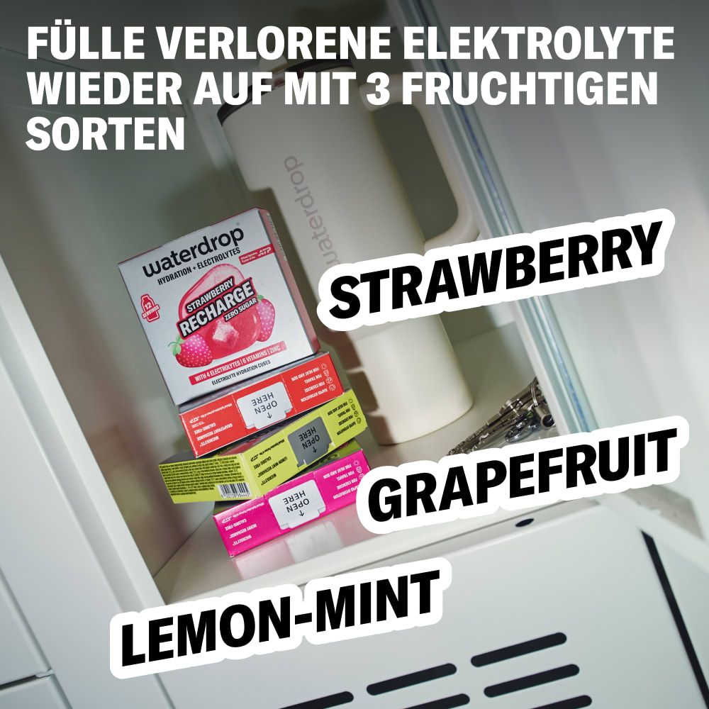 Drei Produktverpackungen in einem Kühlschrank. Text: Erdbeere, Grapefruit, Zitrone-Minze. Text: waterdrop® Microlyte Recharge Trio.