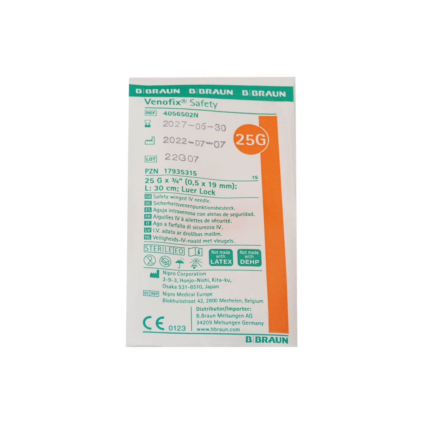 Verpackung mit Produktinformationen. Zeigt 'VenoFix Safety', 25G, 0,5 x 19 mm. Mit CE-Kennzeichnung.