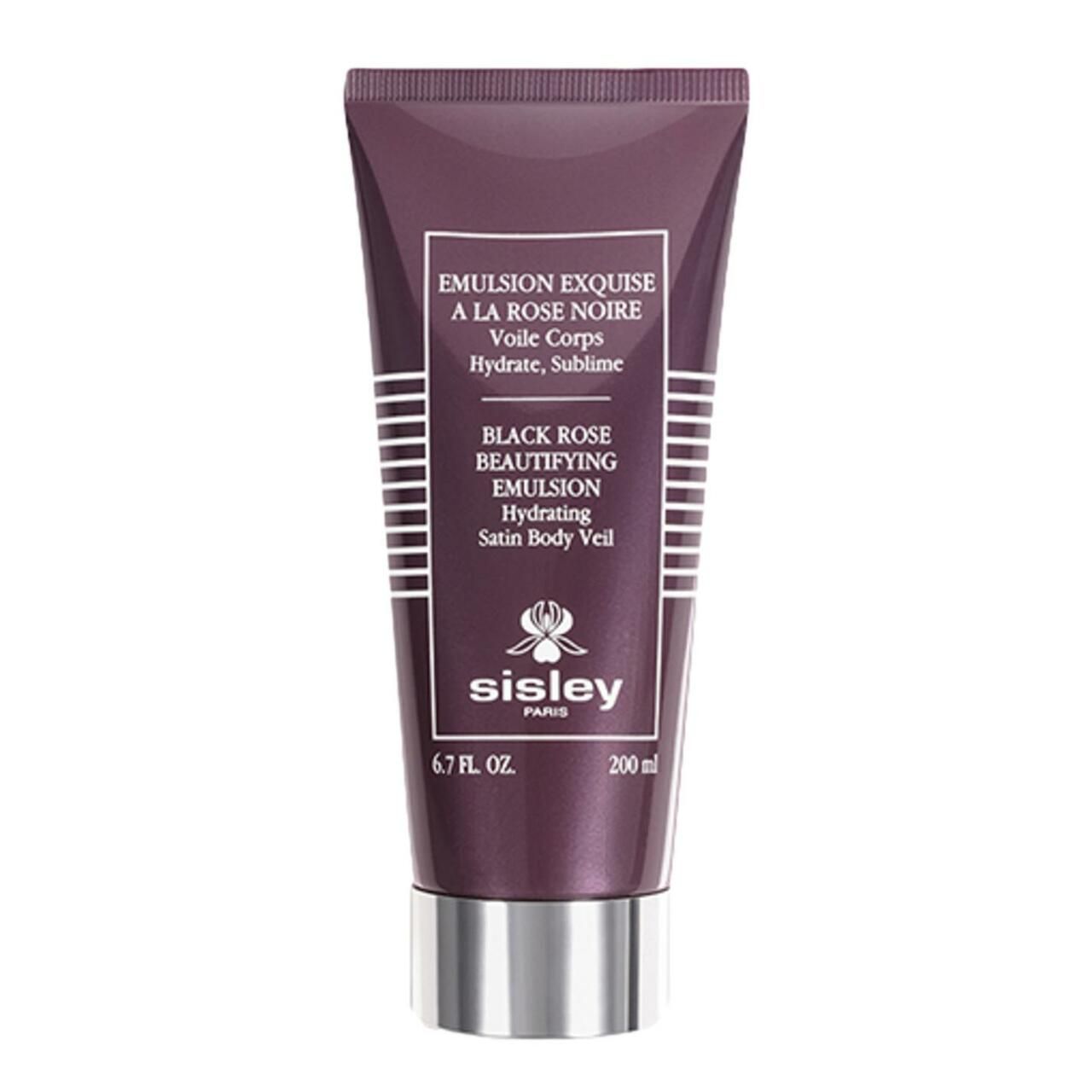 Dunkelviolette Tube mit Sisley-Logo und Produktbezeichnung. Text: Émulsion Exquise à la Rose Noire, 200 ml. Silberfarbener Schraubverschluss.