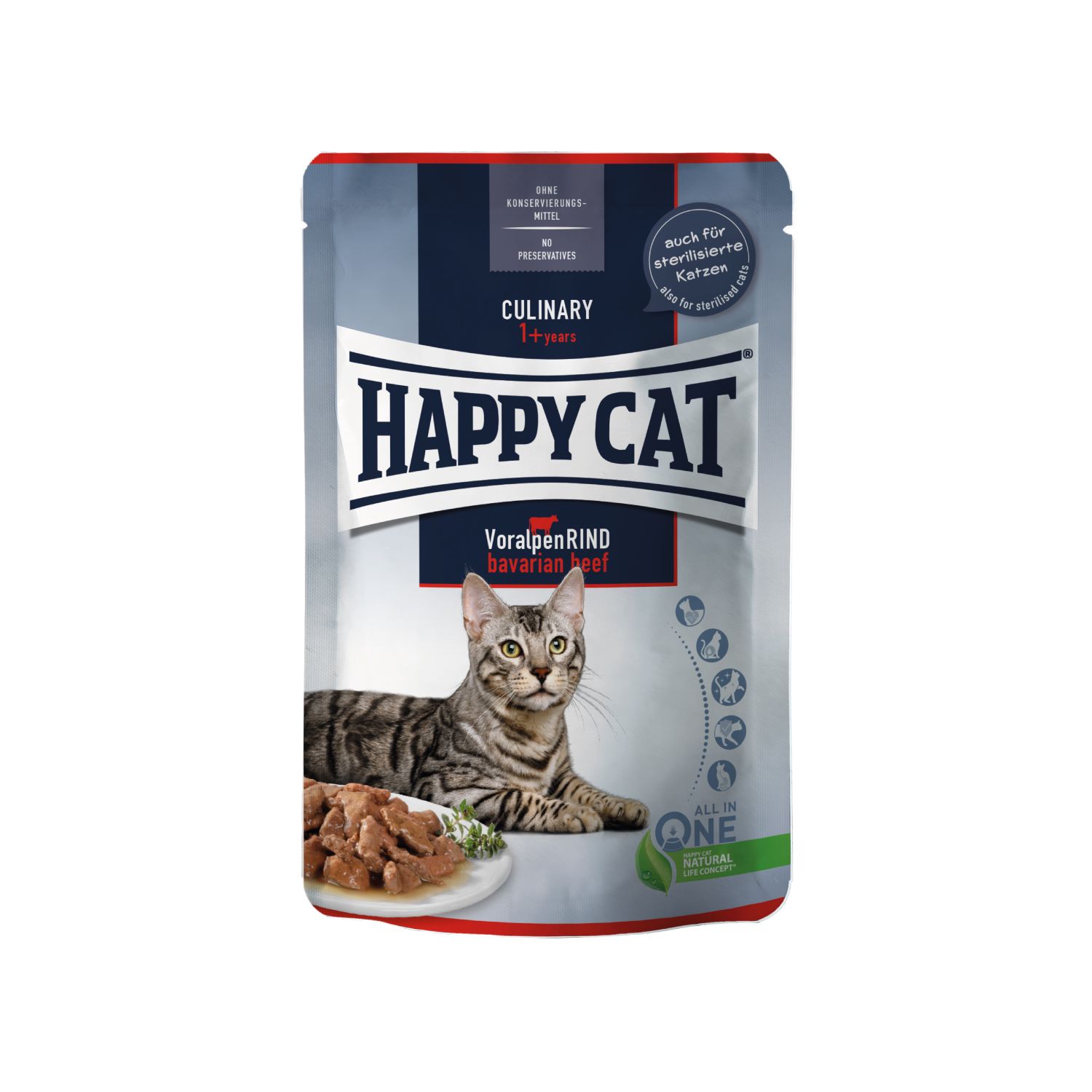 Verpackung von Happy Cat Culinary Meat in Sauce. Abbildung einer Katze und Fleisch. Text: Voralpen Rind, Bavarian Beef.