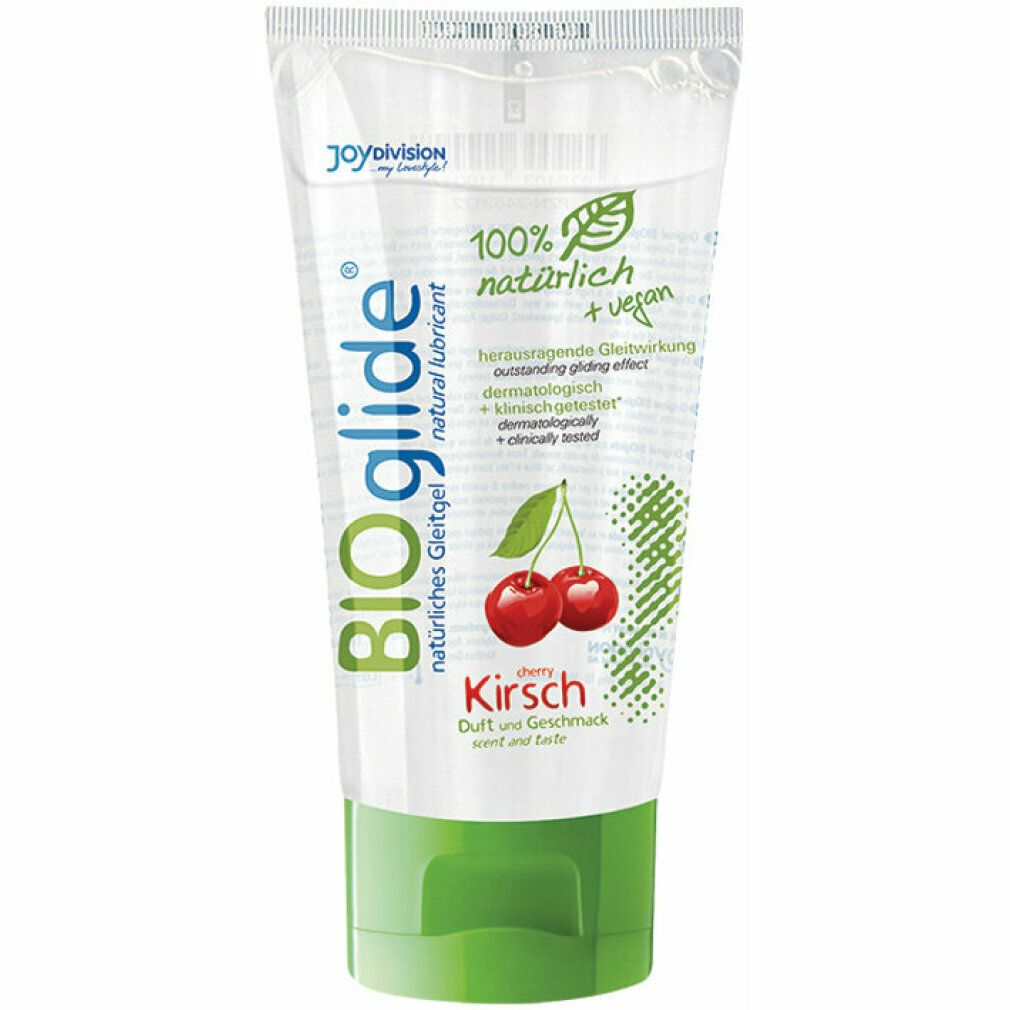BIOglide Gleitgel Kirsche Tube. Transparent, grün. Kirschen-Abbildung. Text.