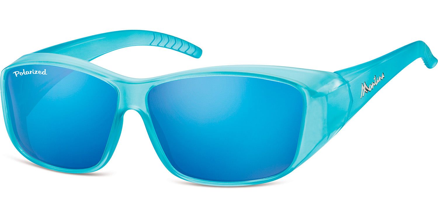 Türkisfarbene Sonnen-Überbrille mit blauen Gläsern. Auf dem Glas steht 'Polarized'. Am Bügel steht 'Montana'.