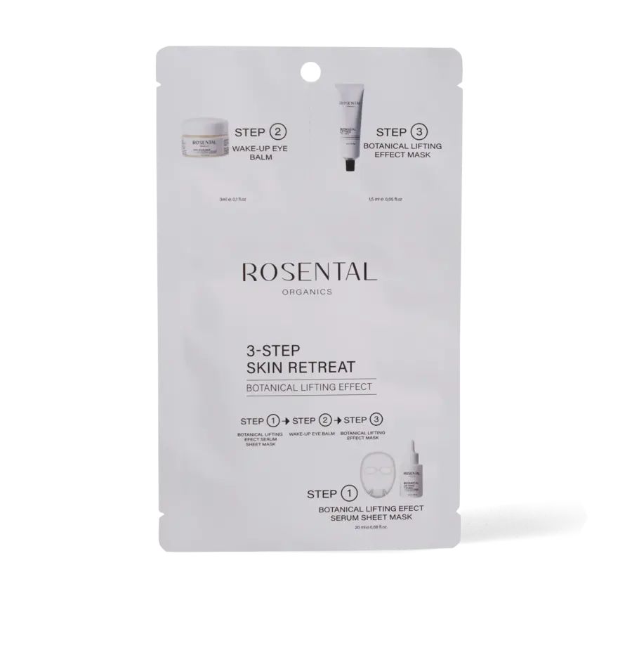 Weiße Verpackung mit Produktabbildungen und Text. "Rosental Organics 3-Step Skin Retreat" und Produktnamen sind sichtbar.