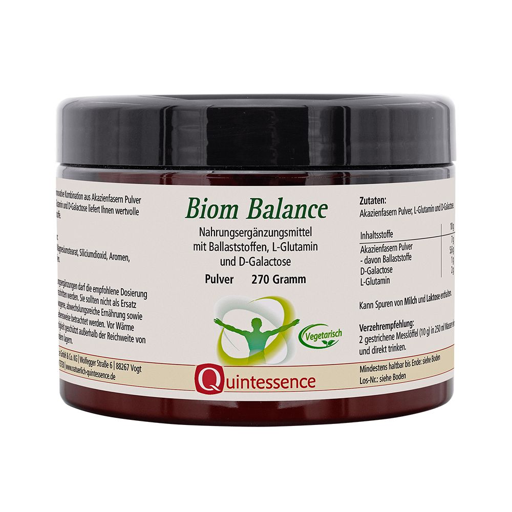 Braune Dose Biom Balance Pulver. Schwarzer Deckel, 270 Gramm, Quintessence Logo.