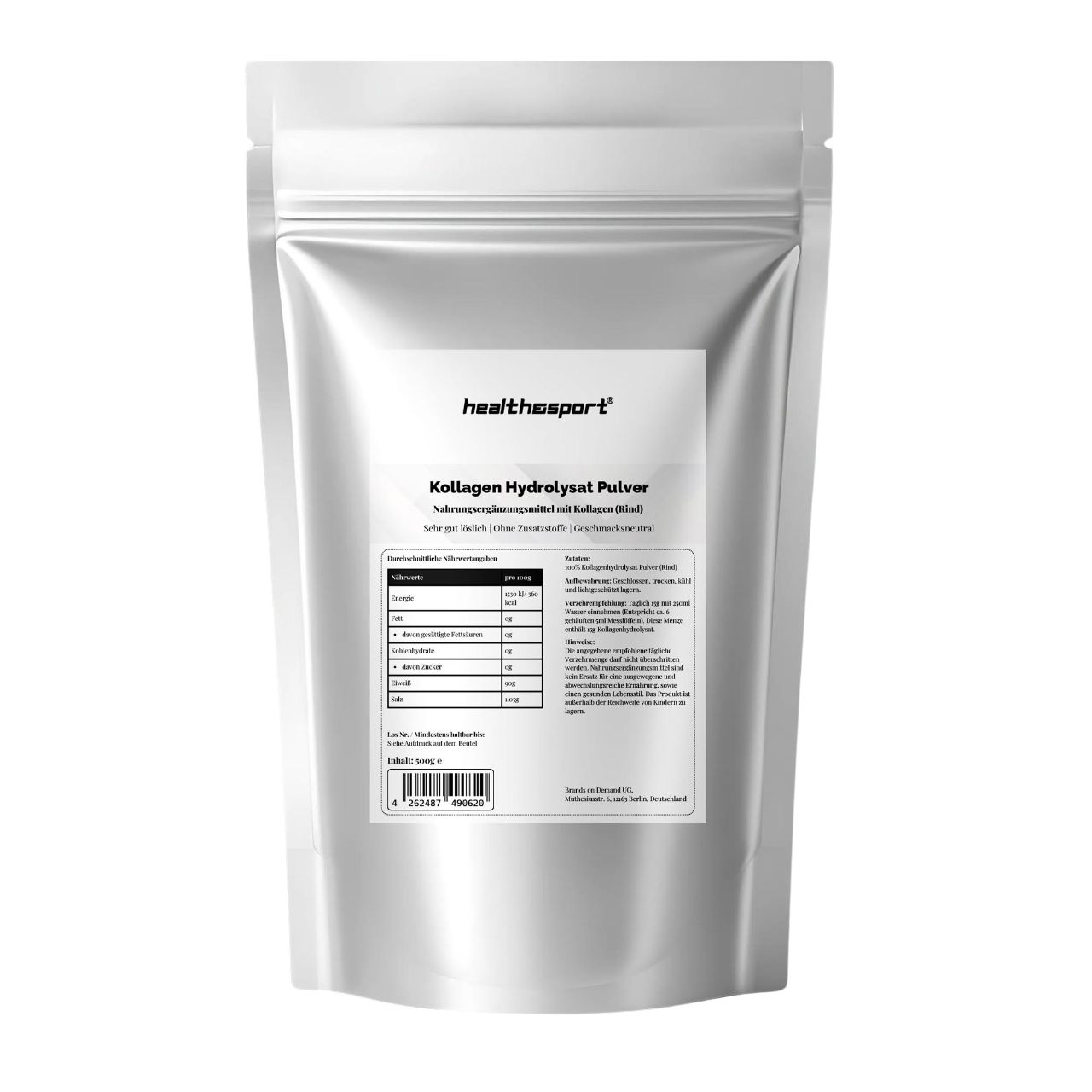 Silberfarbene Tüte mit Produktinformationen. Aufschrift: healthsport, Kollagen Hydrolysat Pulver. Enthält Nährwerttabelle und Barcode.