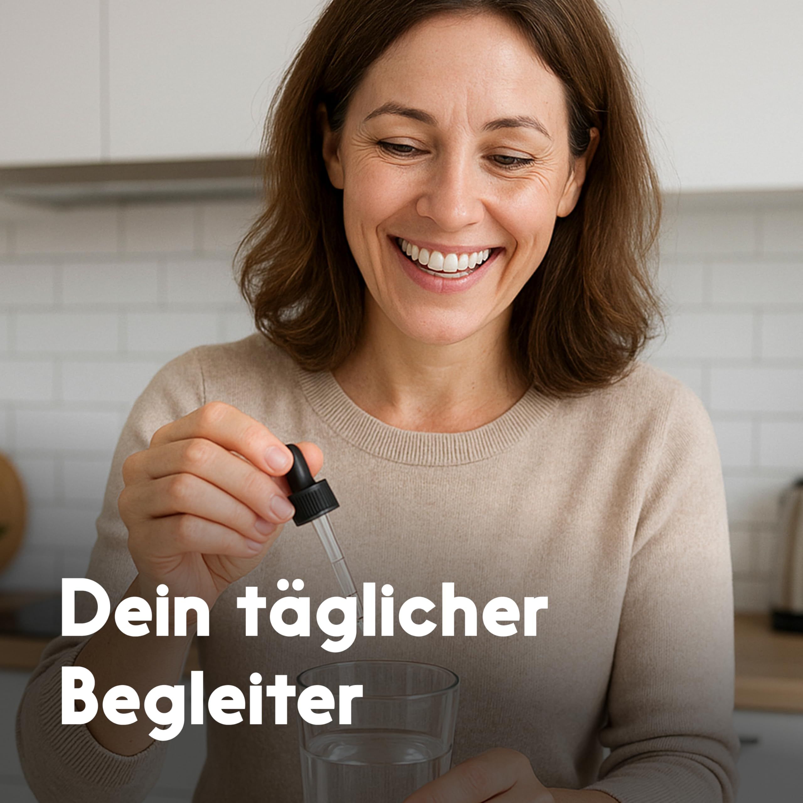 Frau mit Pipette über Glas Wasser. Text: Dein täglicher Begleiter.
