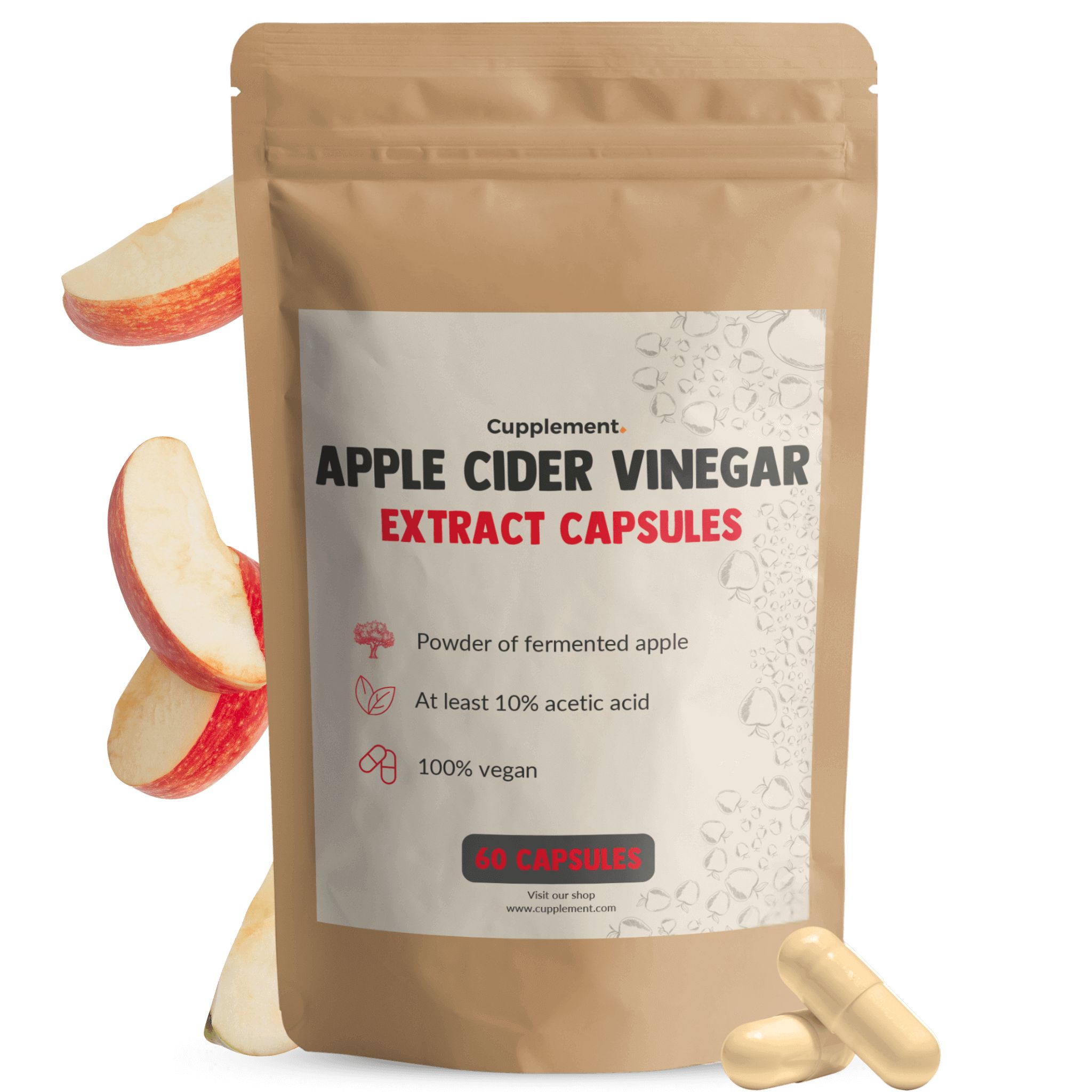 Beutel mit Text: Apple Cider Vinegar Extract Capsules. Apfelscheiben und Kapseln daneben.