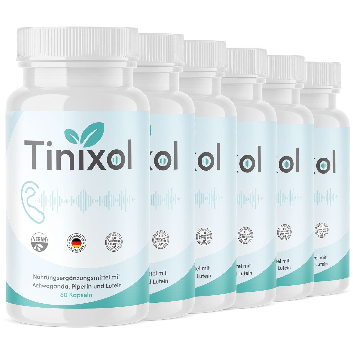 Sechs weiße Flaschen mit blauen Etiketten. Aufschrift: Tinixol, vegan, Nahrungsergänzungsmittel mit Ashwaganda, Piperin und Lutein. 60 Kapseln.