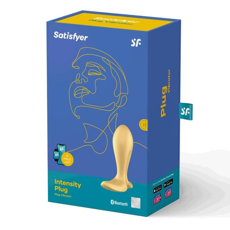 Blauer Karton. Aufschrift: Satisfyer, Intensity Plug. Goldfarbener Plug abgebildet. Bluetooth-Logo.