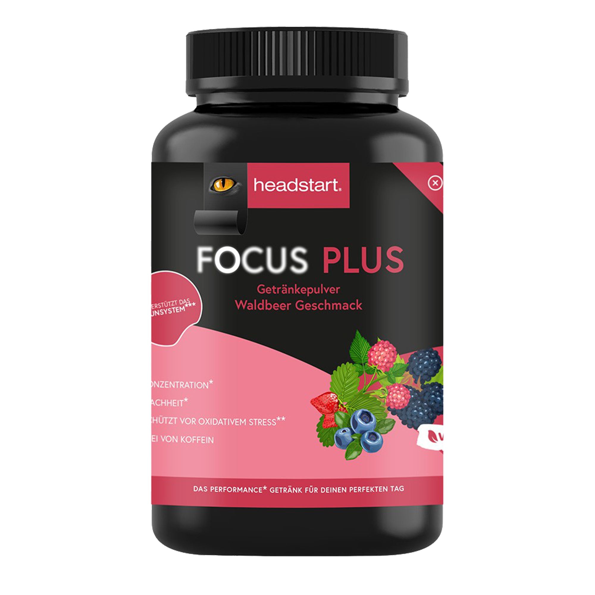 Schwarze Flasche mit rosa Etikett. "headstart FOCUS PLUS" und "Waldbeere Geschmack" sind sichtbar. Abbildung von Beeren.
