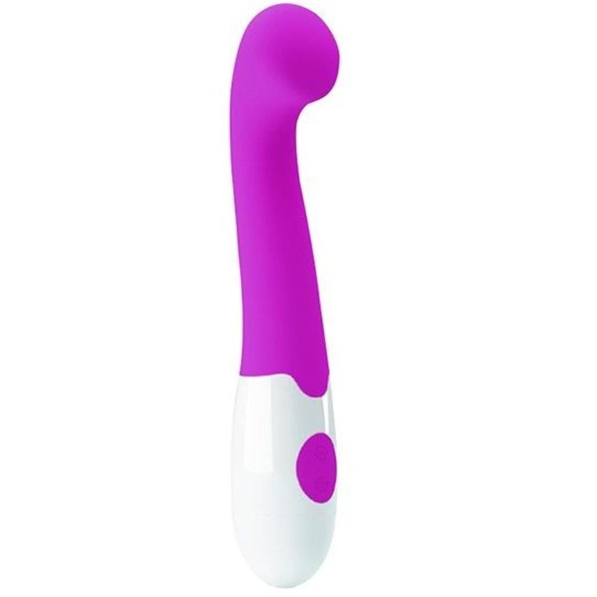 Vibrator, pink und weiß. Gebogene Form mit abgerundeter Spitze. Zwei Knöpfe am Griff.