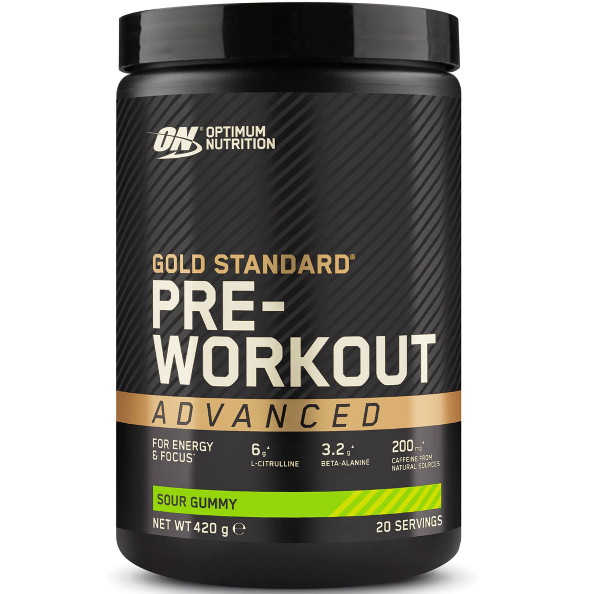 Schwarze Dose mit Aufschrift Gold Standard PRE-WORKOUT Advanced. Enthält 420 g und 20 Portionen. Geschmack: Sour Gummy.