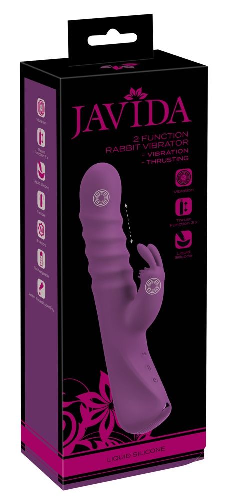 Verpackung von JAVIDA Vibrator. Produktabbildung, Produktname, Produktmerkmale, Illustrationen, Text. Schwarzer Hintergrund.