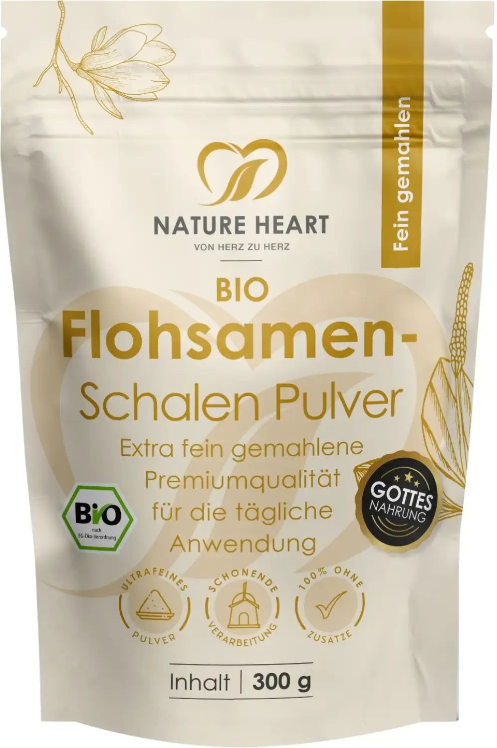 Beutel mit BIO Flohsamenschalen Pulver. Aufschrift: Nature Heart, BIO, fein gemahlen. Siegel: Bio-Siegel, Gottes Nahrung.