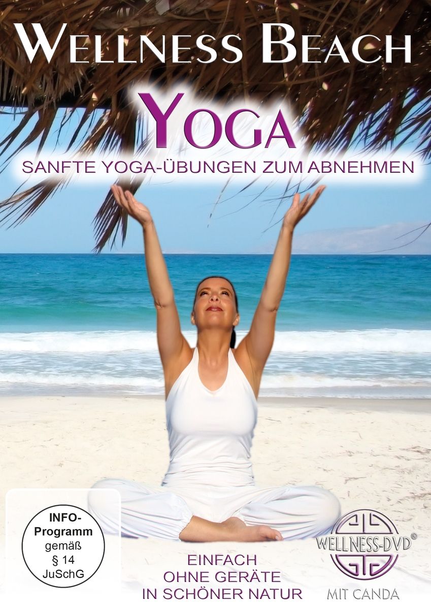 DVD-Hülle mit dem Titel "Wellness Beach Yoga". Eine Frau in Yoga-Pose am Strand. Text: Sanfte Yoga-Übungen zum Abnehmen. Logo: Wellness-DVD.