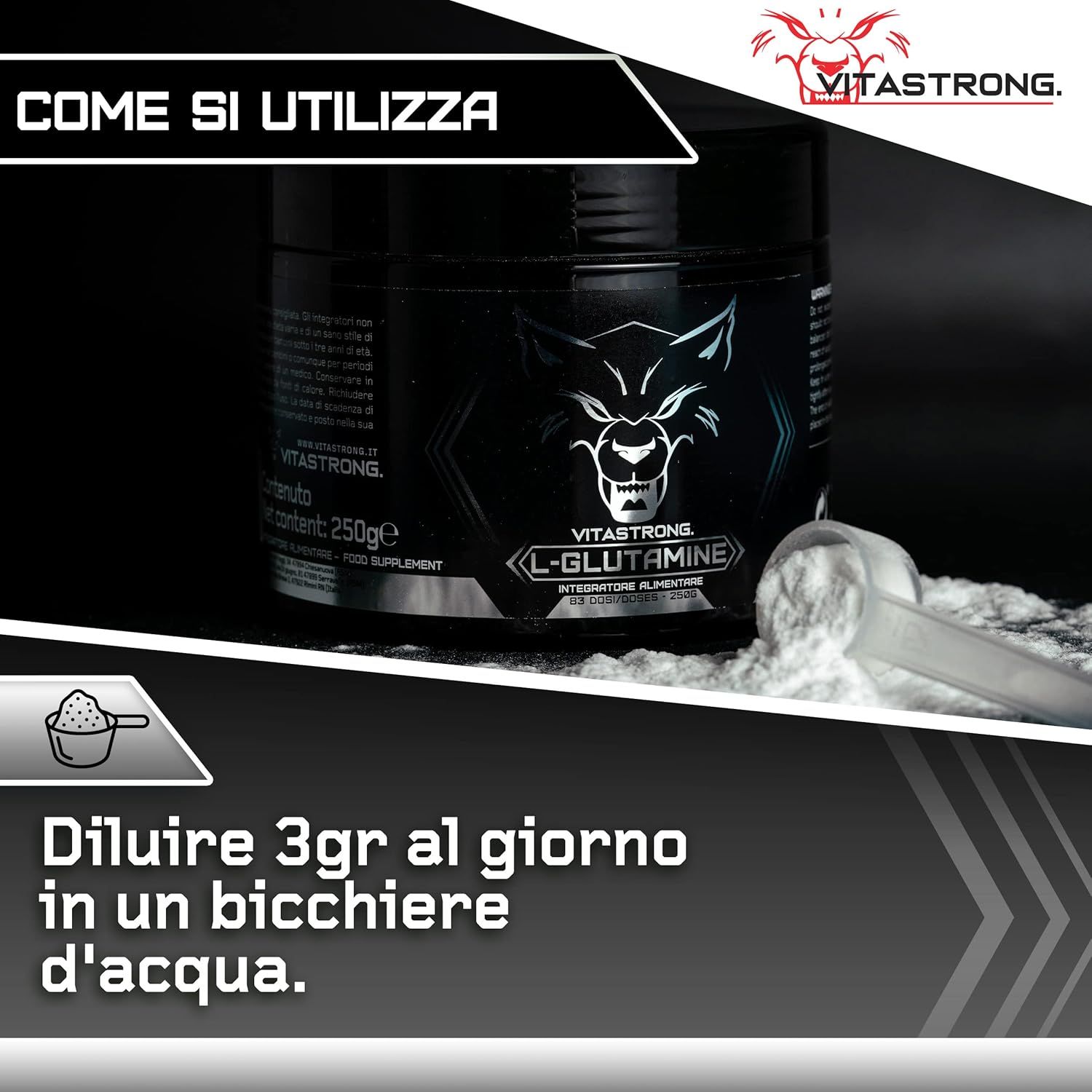 Vitastrong L-Glutamin-Behälter mit Text in italienischer Sprache. Aufschrift: L-Glutamin, 250g.