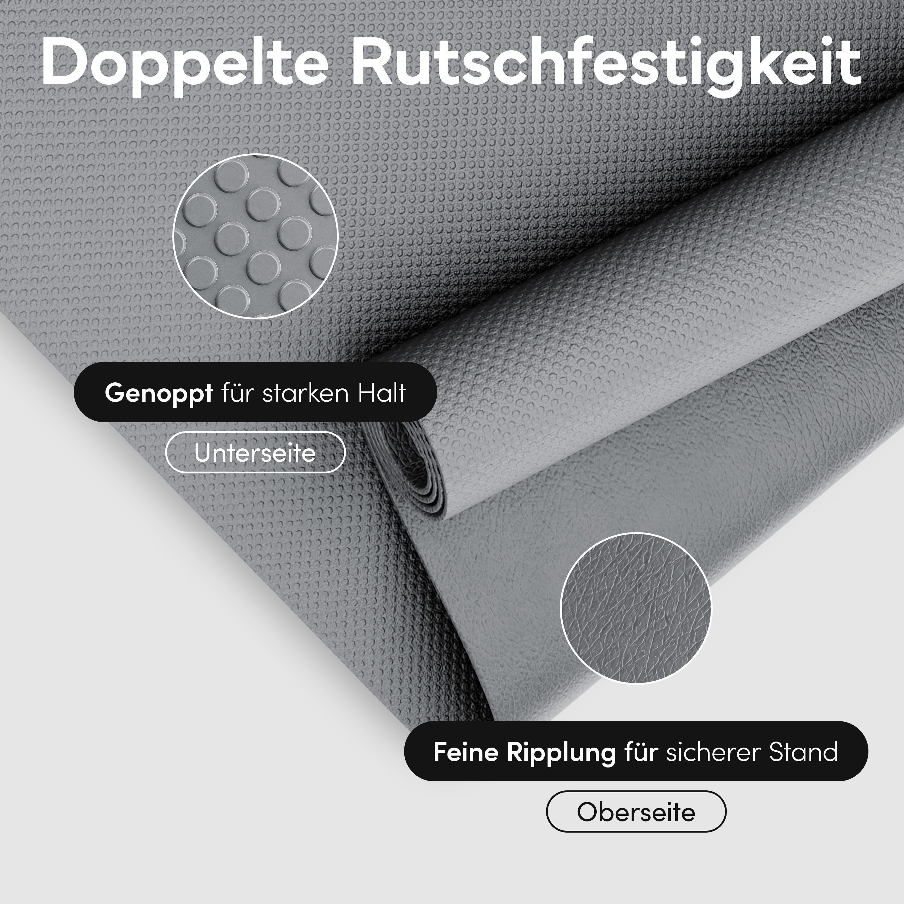 Nahaufnahme der Fitnessmatte. Die Unterseite hat Noppen für Halt, die Oberseite hat feine Rippen für sicheren Stand. Graue Oberfläche.