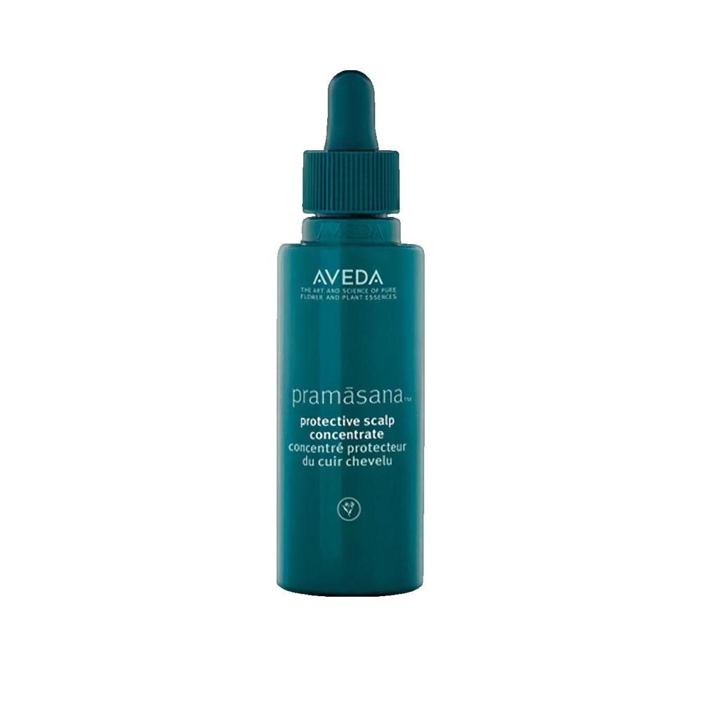 Grüne Flasche mit Pipette. Aufschrift: Aveda, Pramasana, Protective Scalp Concentrate, Concentré Protecteur du Cuir Chevelu.