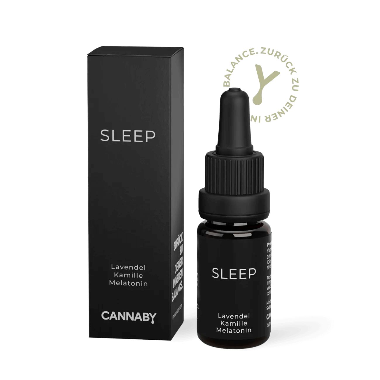 Dunkle Glasflasche mit Pipette und Umverpackung. Beschriftung: SLEEP, Lavendel, Kamille, Melatonin, CANNABY.
