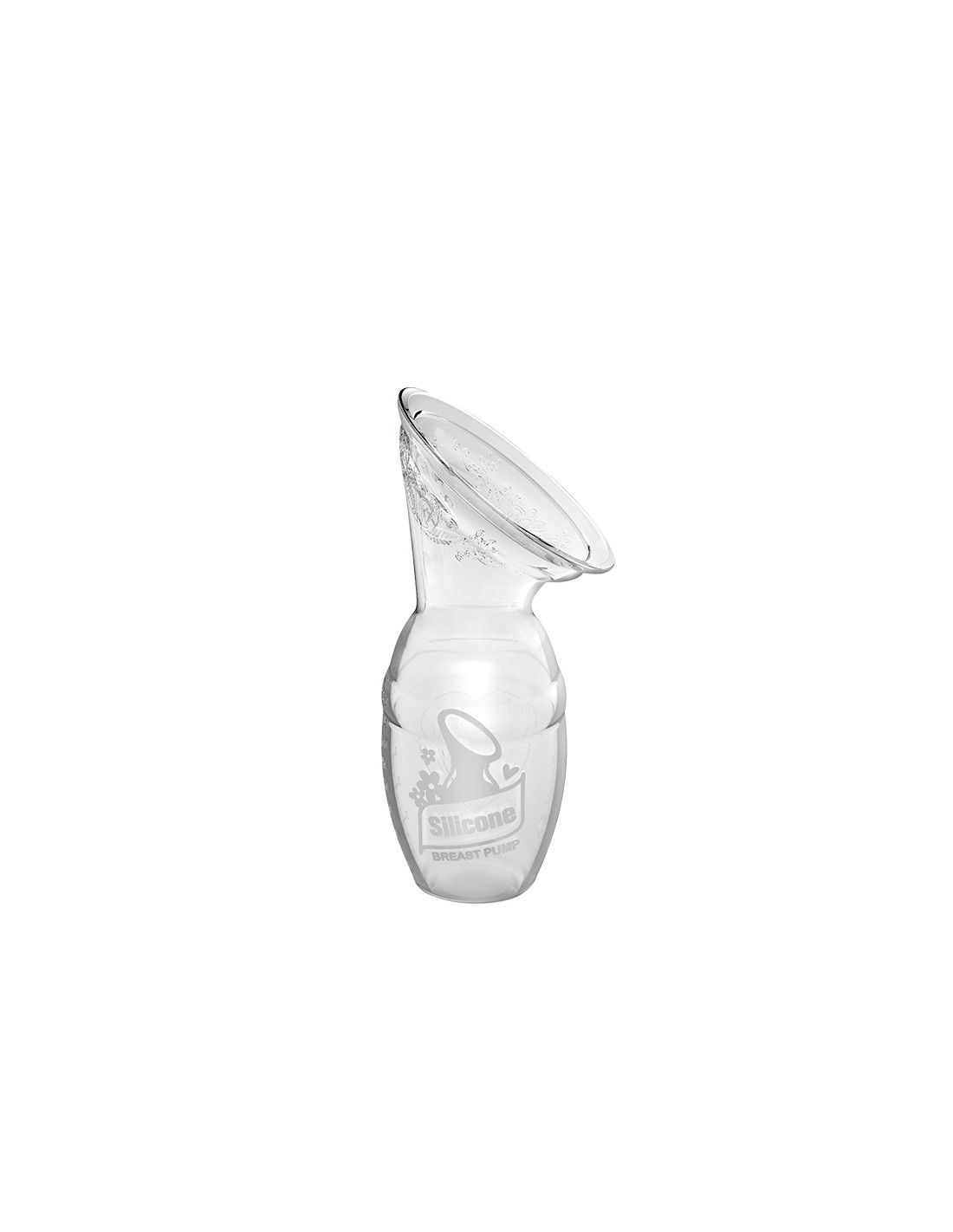 Transparente Milchpumpe aus Silikon. Flaschenförmiger Behälter mit trichterförmigem Aufsatz.