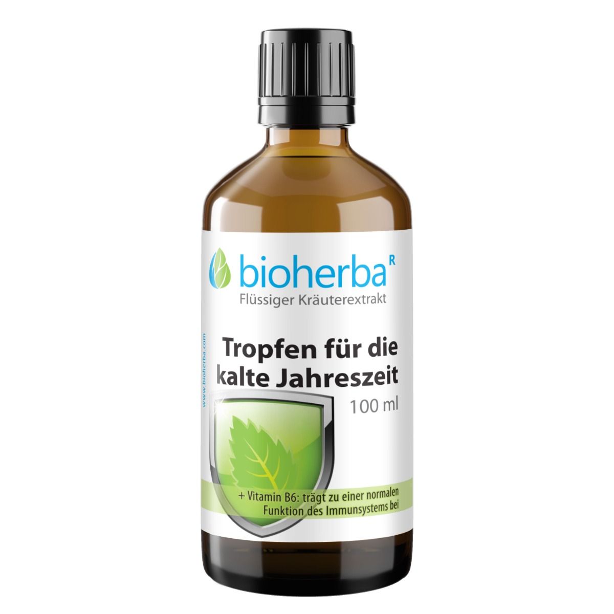 Braune Glasflasche mit schwarzem Deckel. Etikett mit Produktnamen und Logo: Bioherba, Tropfen für die kalte Jahreszeit, 100 ml.