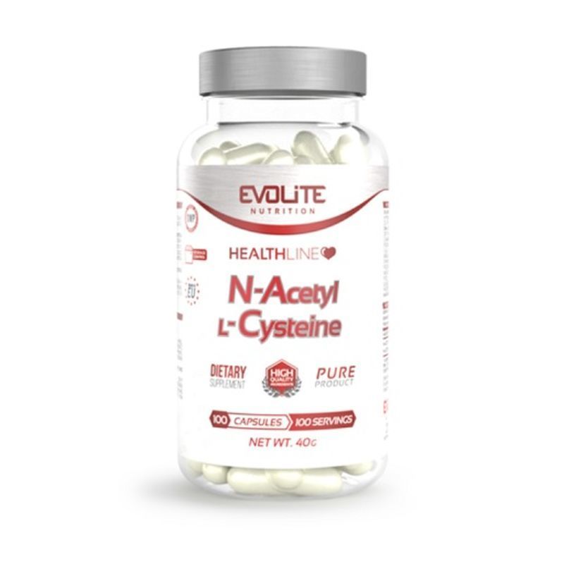 Klare Flasche mit weißen Kapseln. Aufschrift: Evolite Nutrition, Healthline, N-Acetyl L-Cysteine. 100 Kapseln, 100 Portionen.