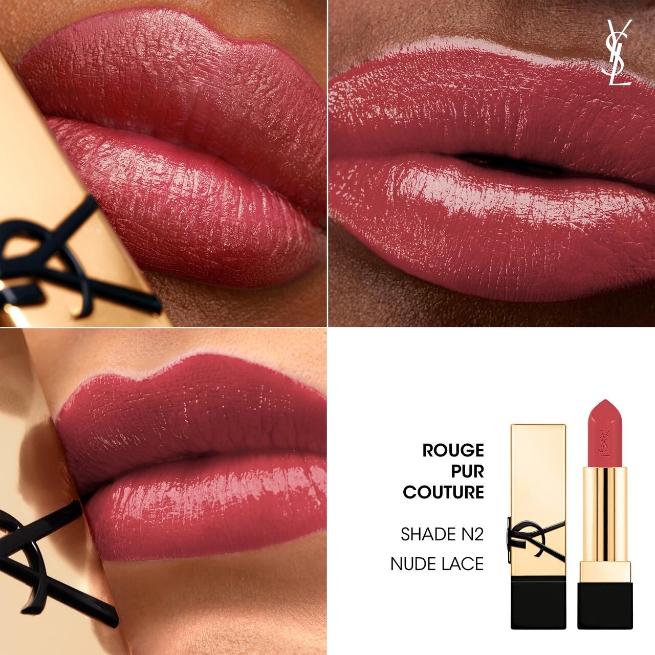 Nahaufnahmen von Lippen mit Lippenstift. Ein Lippenstift und seine Verpackung sind ebenfalls zu sehen. Text: Rouge Pur Couture, Shade N2 Nude Lace.