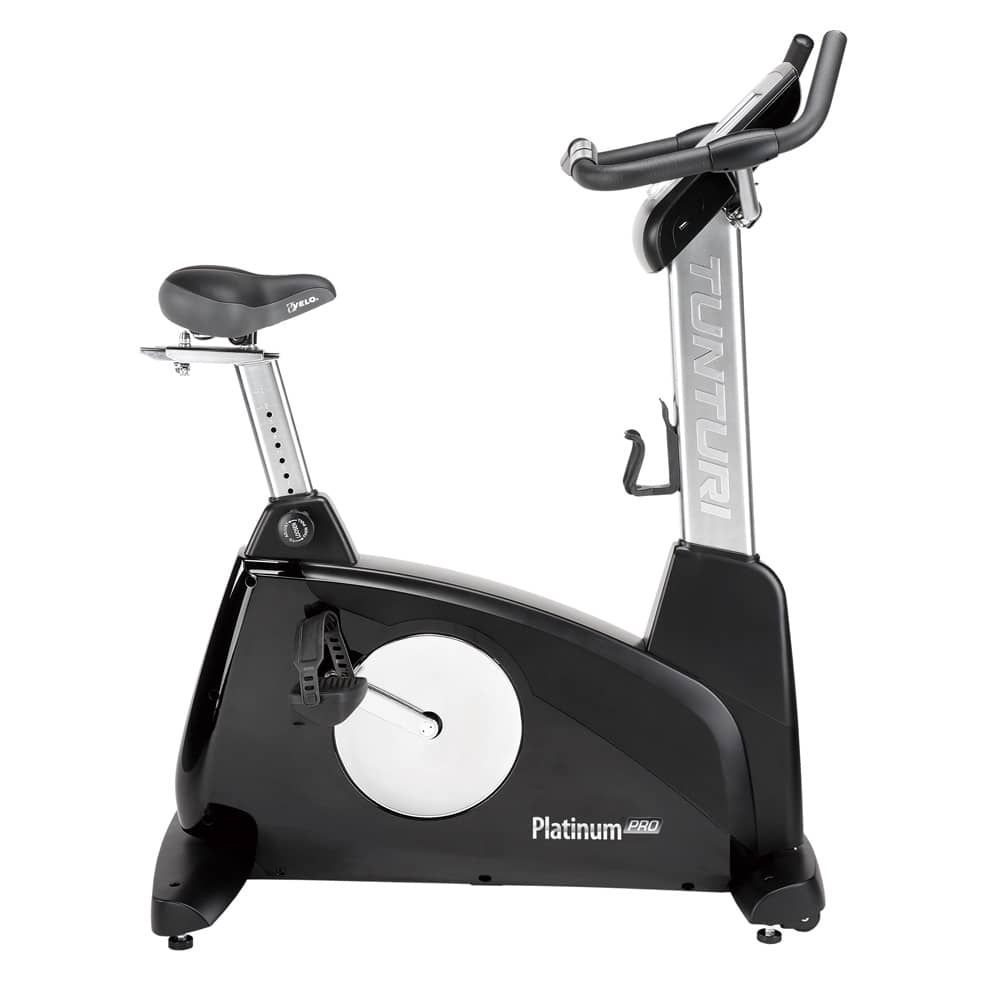 Ergometer. Schwarz, silberfarben. Tunturi-Logo. Platinum-Schriftzug. Sattel, Lenker, Pedale.