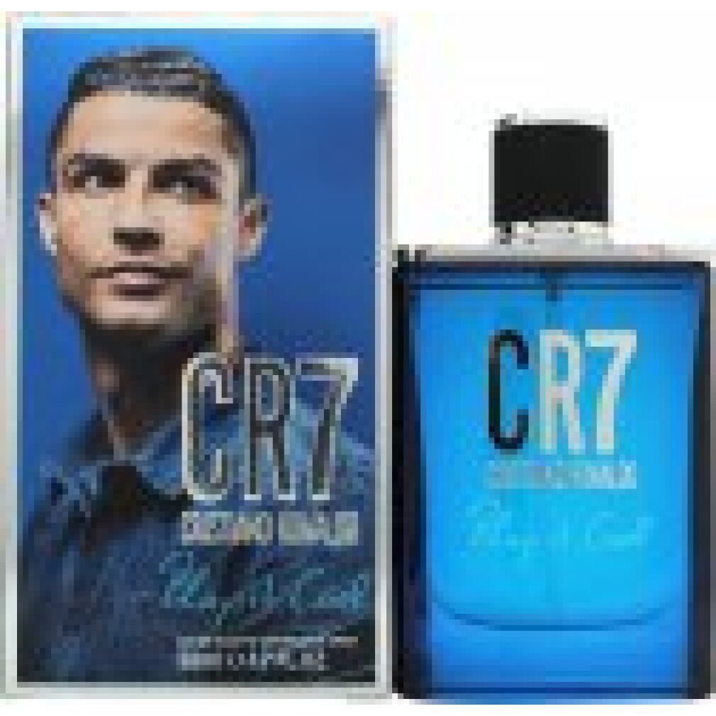 Eau de Toilette Spray und Verpackung mit Porträt. Aufschrift: CR7 Cristiano Ronaldo Play it Cool. 50ml.