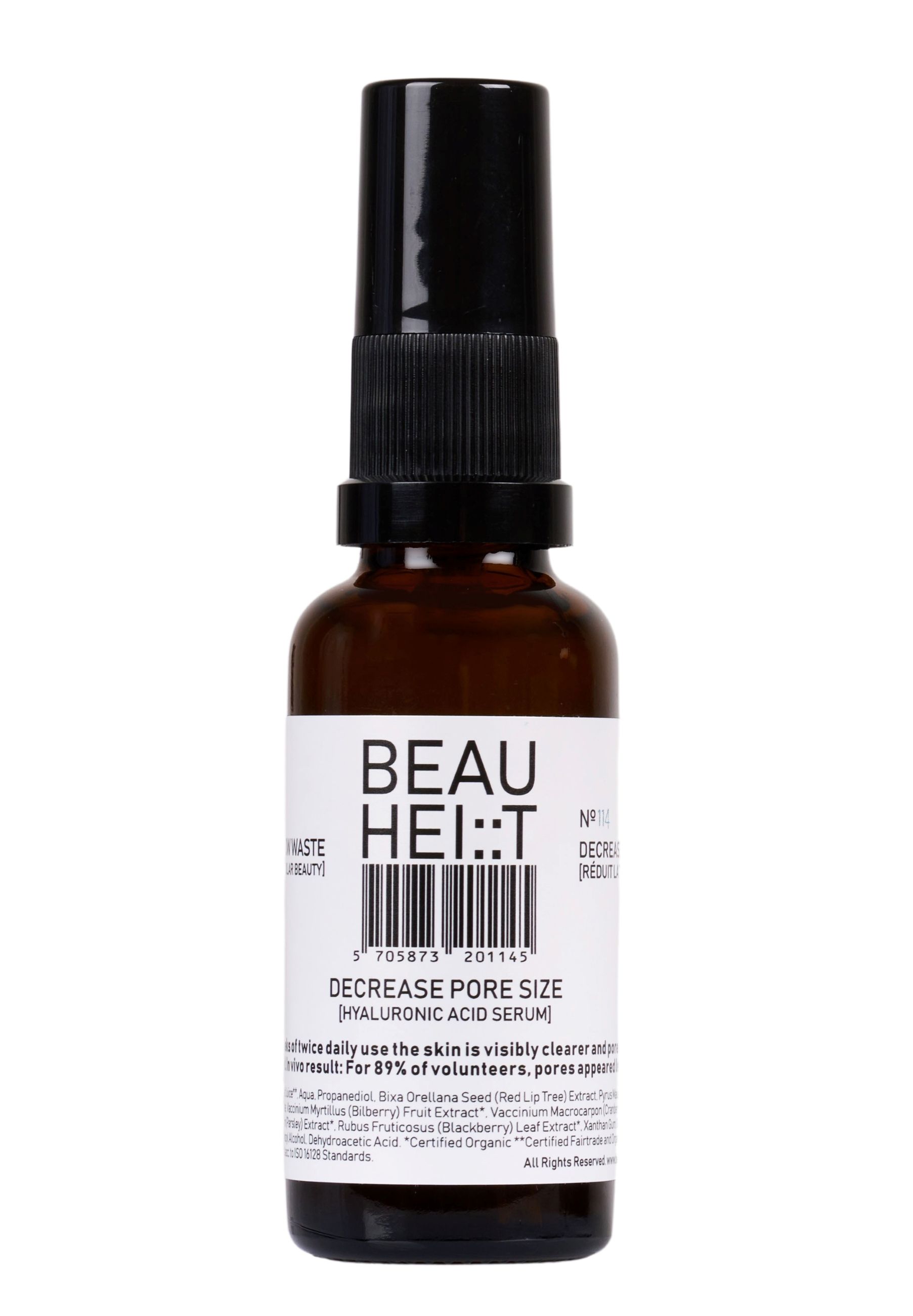 Braune Glasflasche mit schwarzem Sprühkopf. Etikett mit Produktnamen und Inhaltsstoffen. "BEAUHEIT Decrease Pore Size Hyaluronserum".