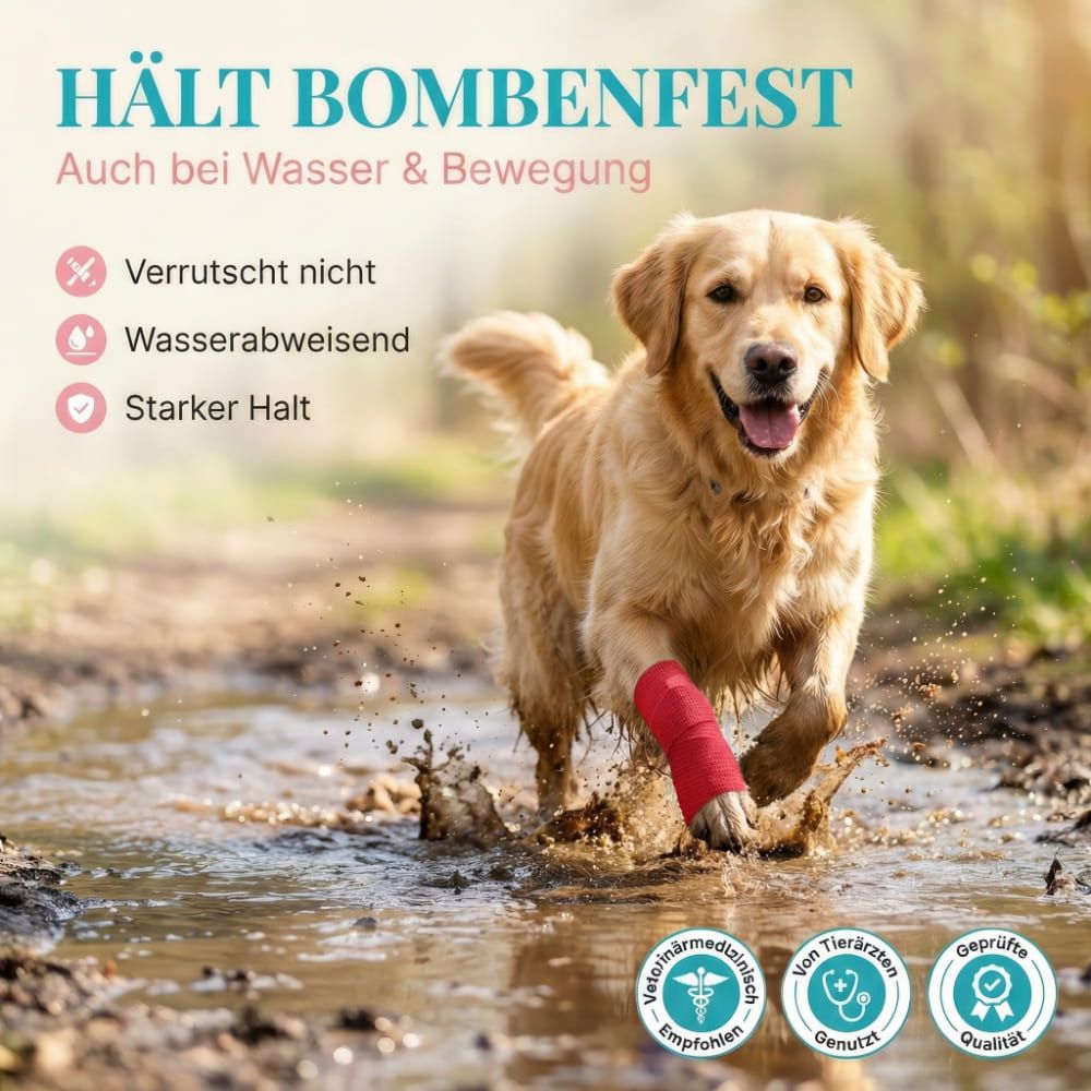 Hund mit roter Bandage am Bein, läuft durch Wasser. Text: Hält bombenfest, wasserabweisend, starker Halt.