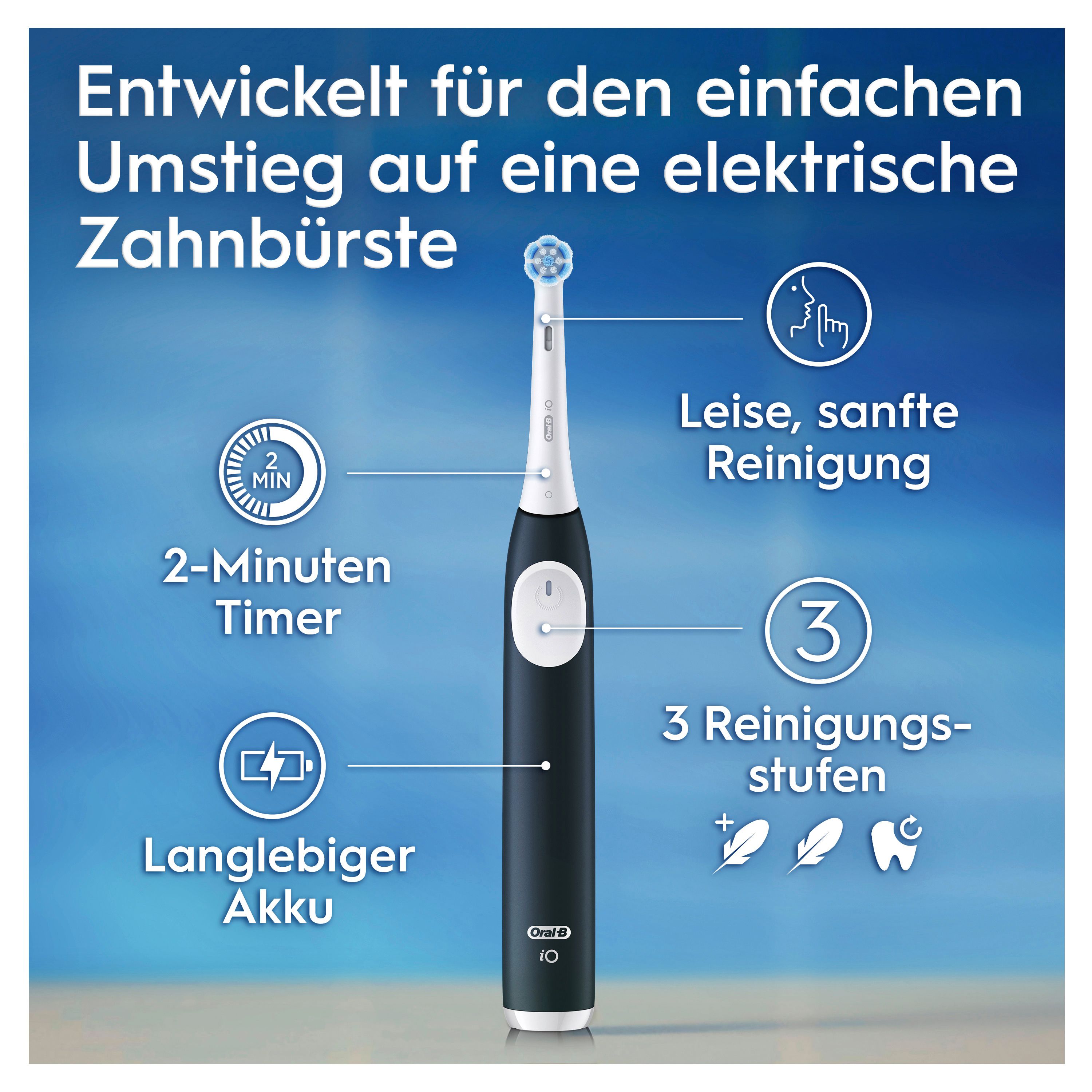 Elektrische Zahnbürste mit Text: 2-Minuten-Timer, langlebiger Akku, 3 Reinigungsstufen. "iO"-Logo. Schwarzes Design.