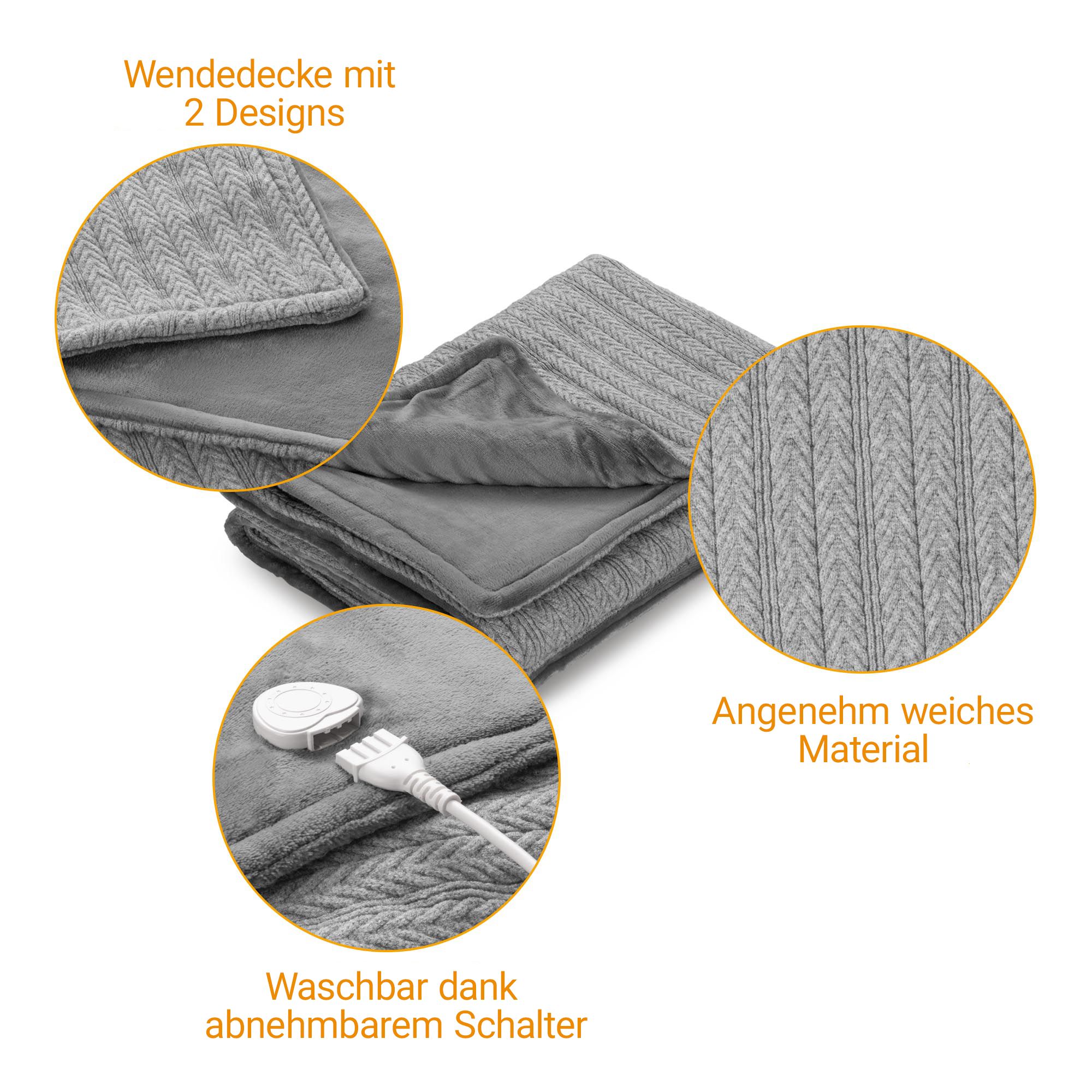 Graue Heizdecke: Wendeseite, weiches Material, abnehmbarer Schalter, Zopfmuster.