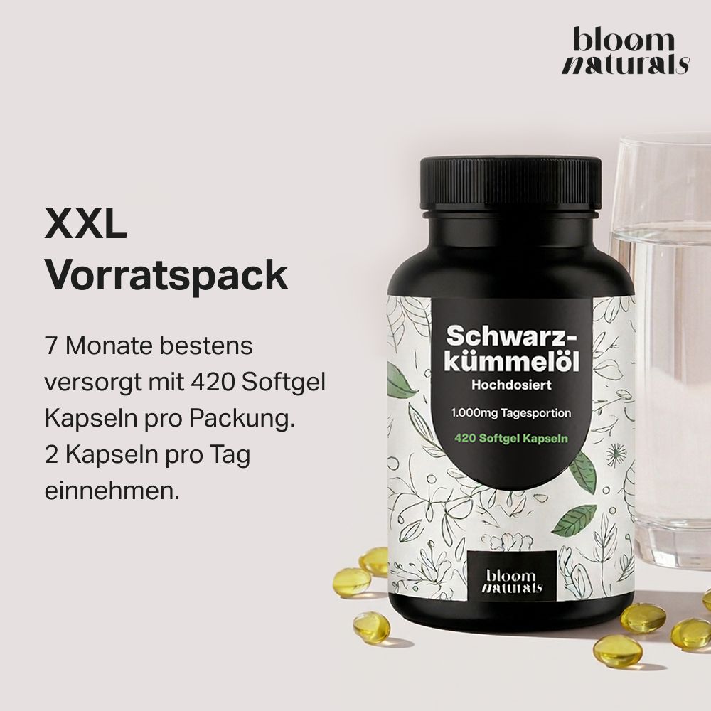 XXL Vorratspackung Schwarzkümmelöl Kapseln. 420 Softgel Kapseln für 7 Monate.