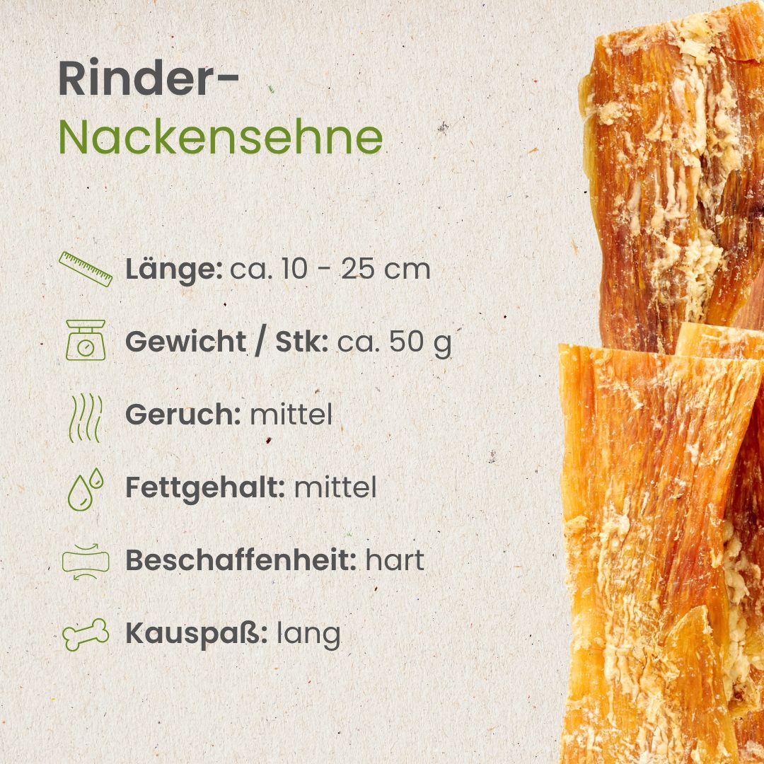 Drei getrocknete Rinder-Nackensehnen, hellbraun und faserig.